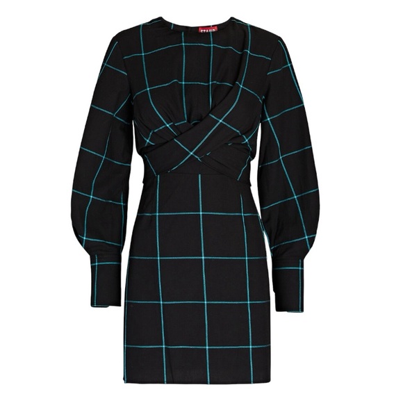 STAUD Dresses & Skirts - NEW Staud Black Windowpane Long Sleeve Cut Out Mini Crosshill Dress Size Large